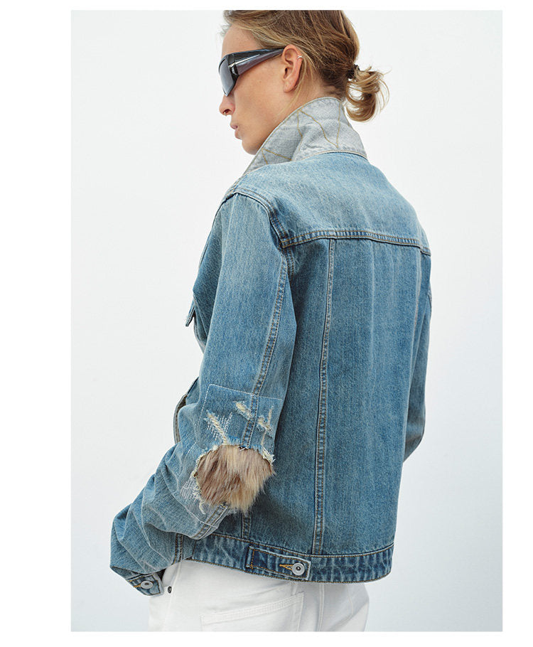 Patchwork Leather Double-Zip Denim Jacket