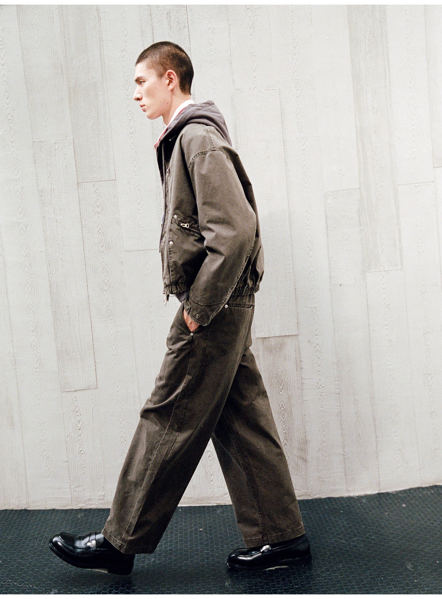 Distressed Leather Color-Block Work Jacket
