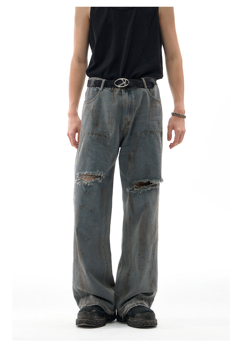 Wasteland Style Washed Damaged Jeans