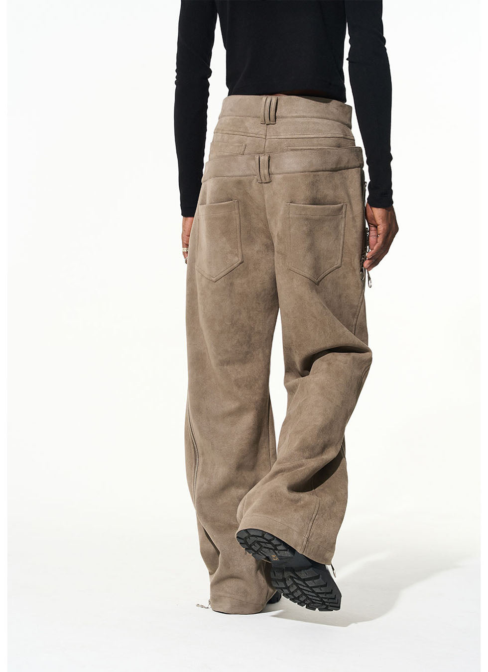 Suede Cut Staggered Double Waist Multi Zipper Casual Pants 