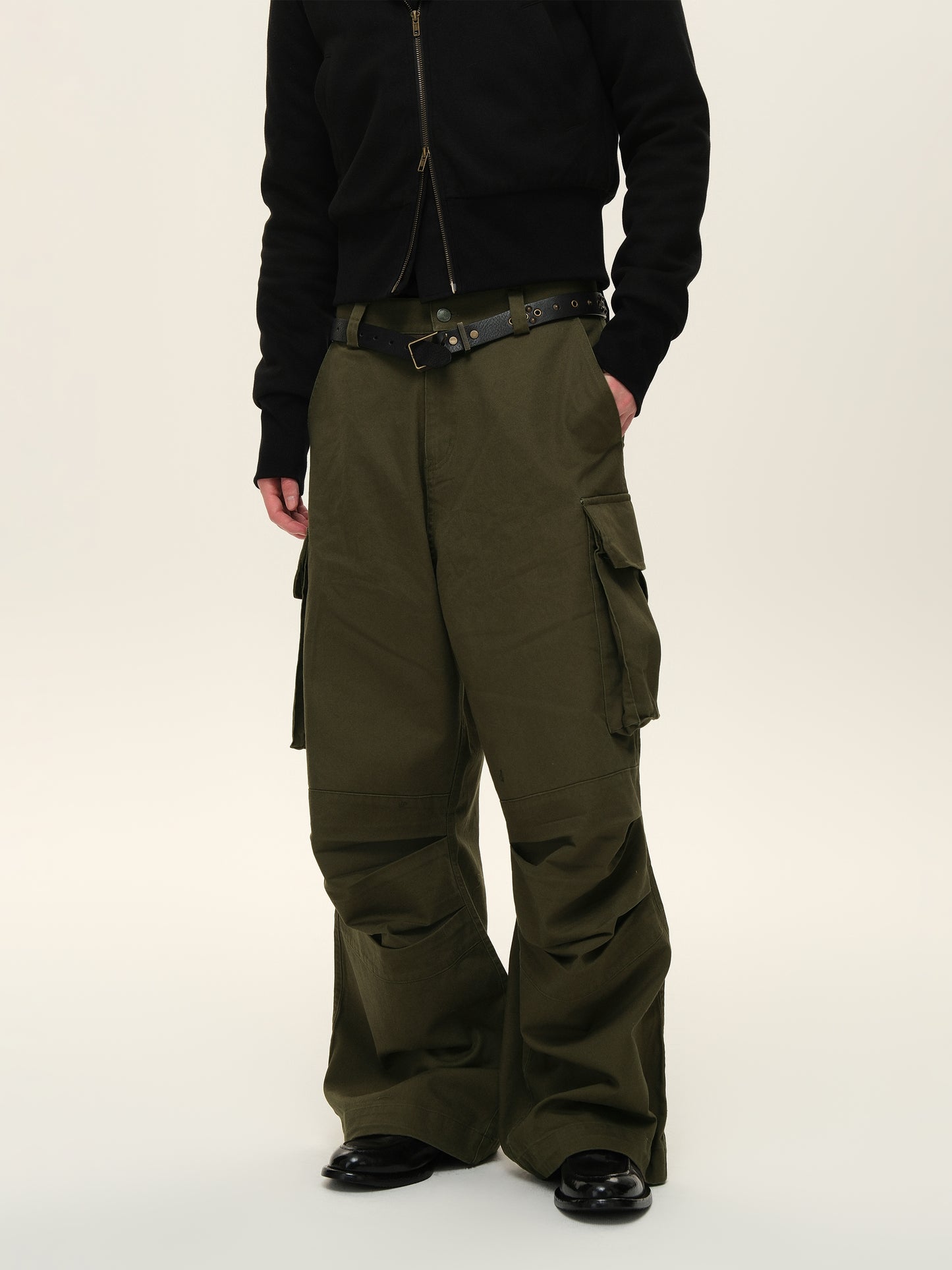 Knee-pleated Washed Casual Pants