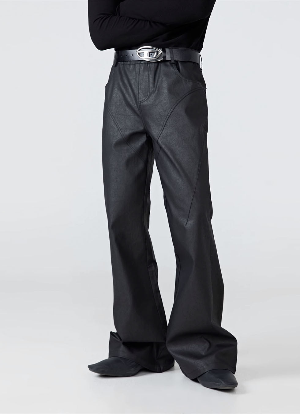 Wax coated boot cut pants