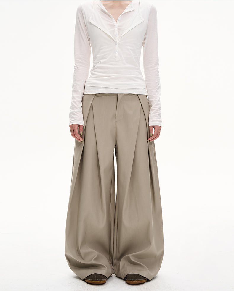 Double-Pleated Relaxed Casual Pants