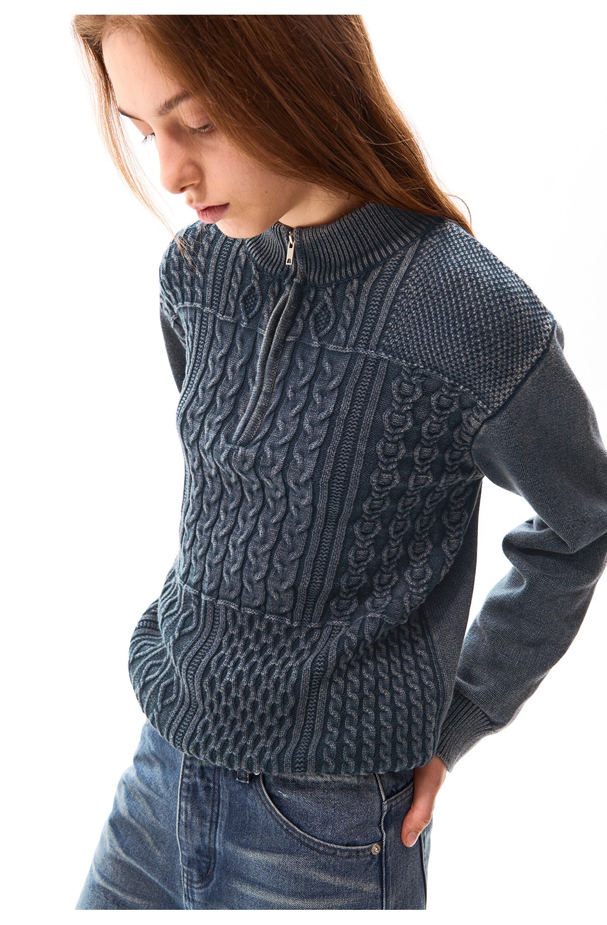 Cable Texture Jacquard High-Neck Sweater