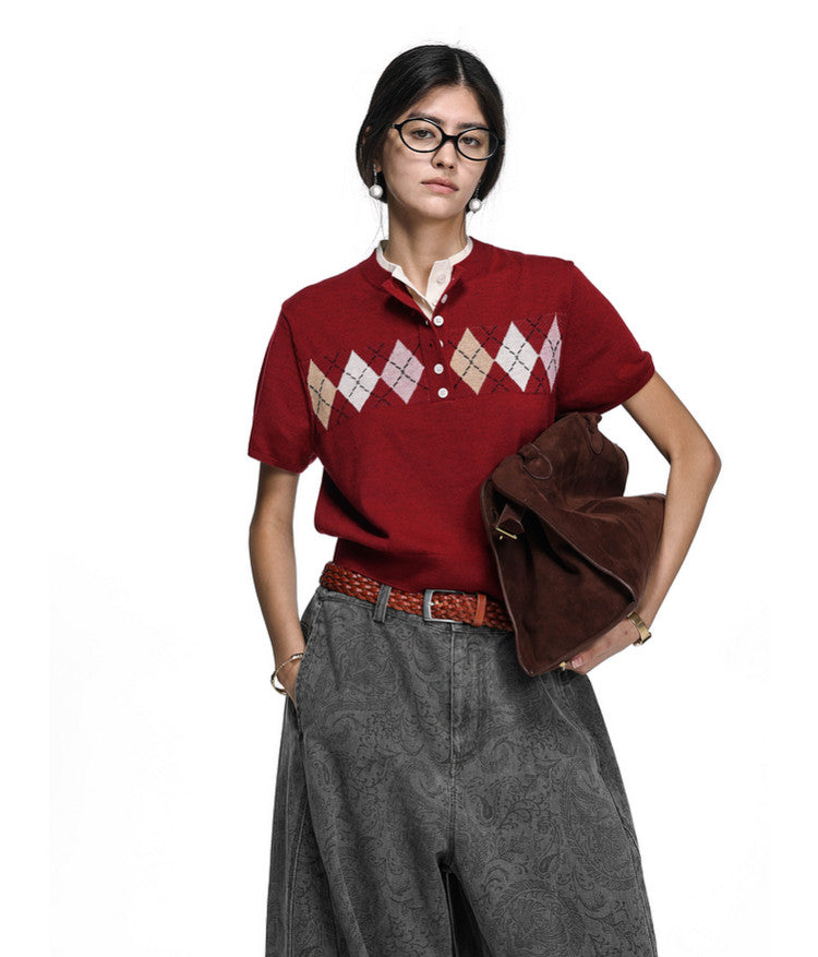 School Style Diamond Pattern Sweater