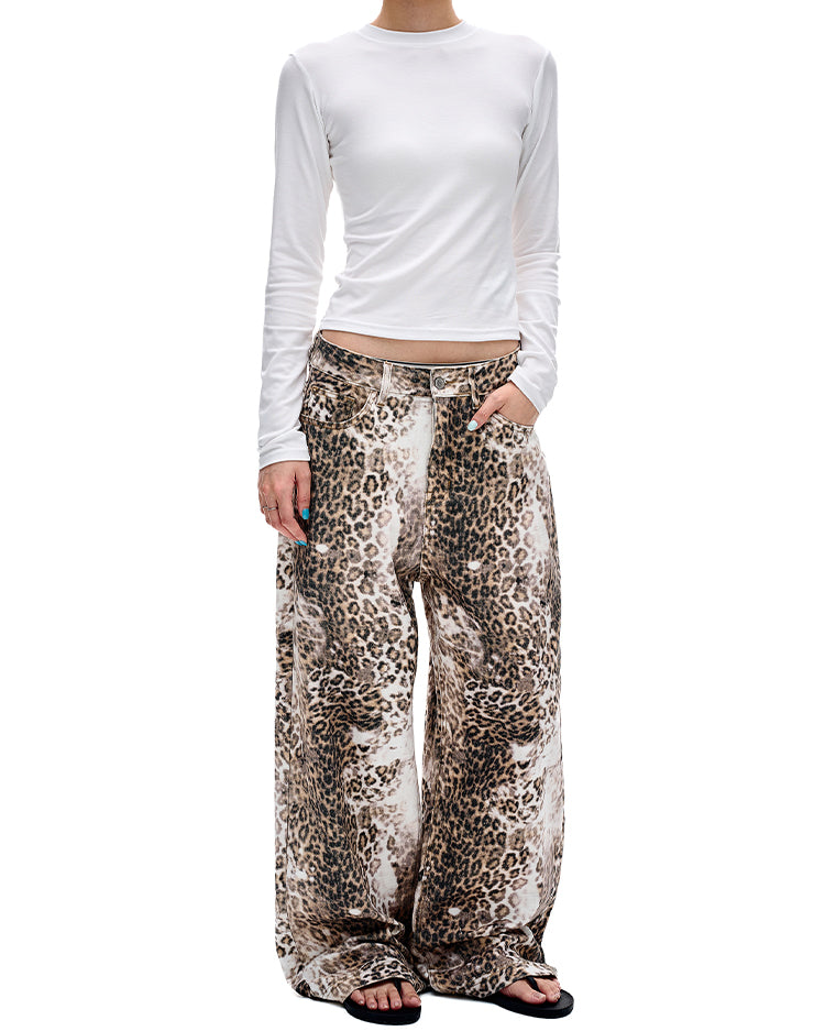 Heavy-Wash Leopard Print Casual Pants