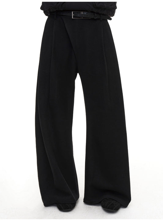 Diagonal-front pleated wool pants