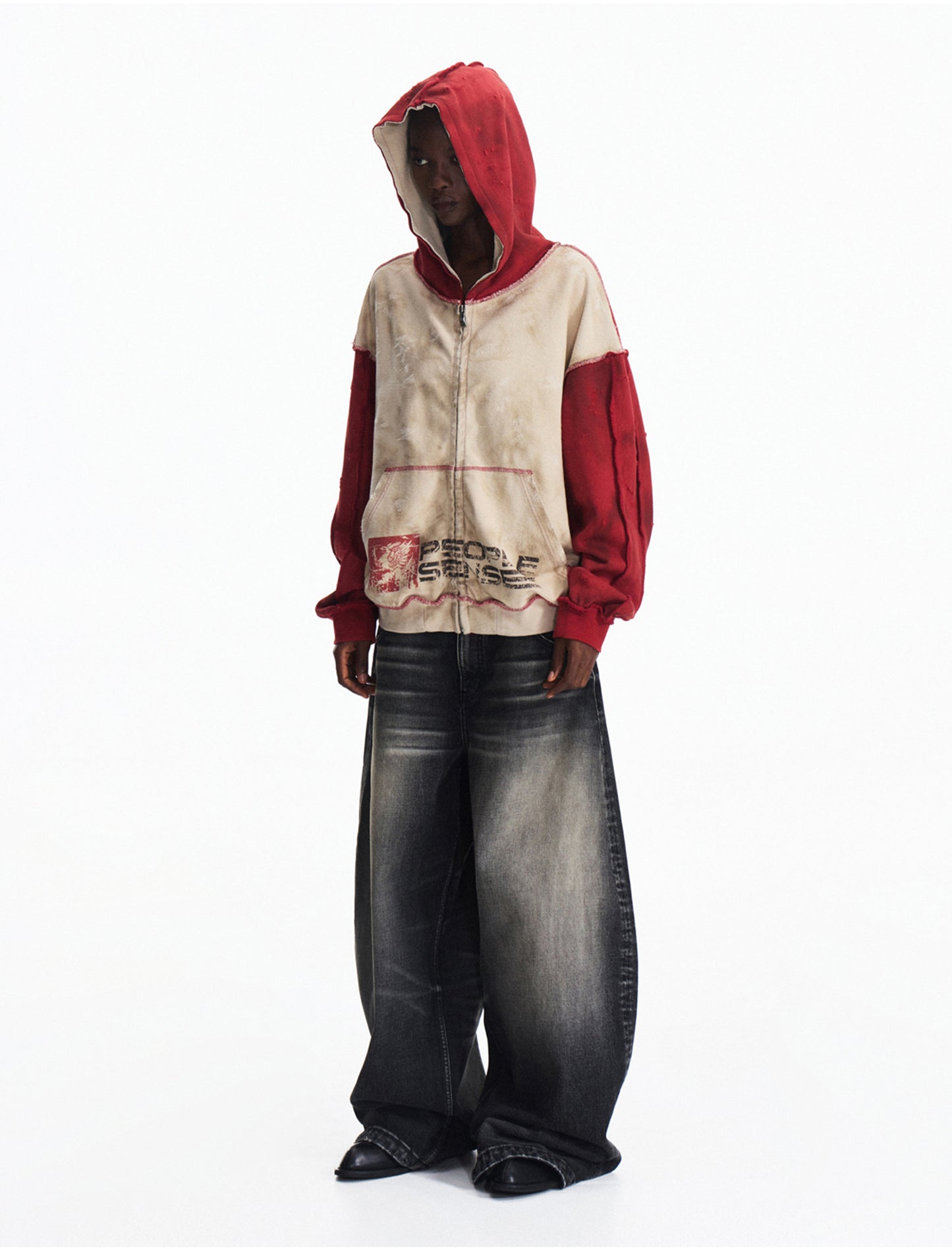 Distressed Hooded Zipper Sweatshirt