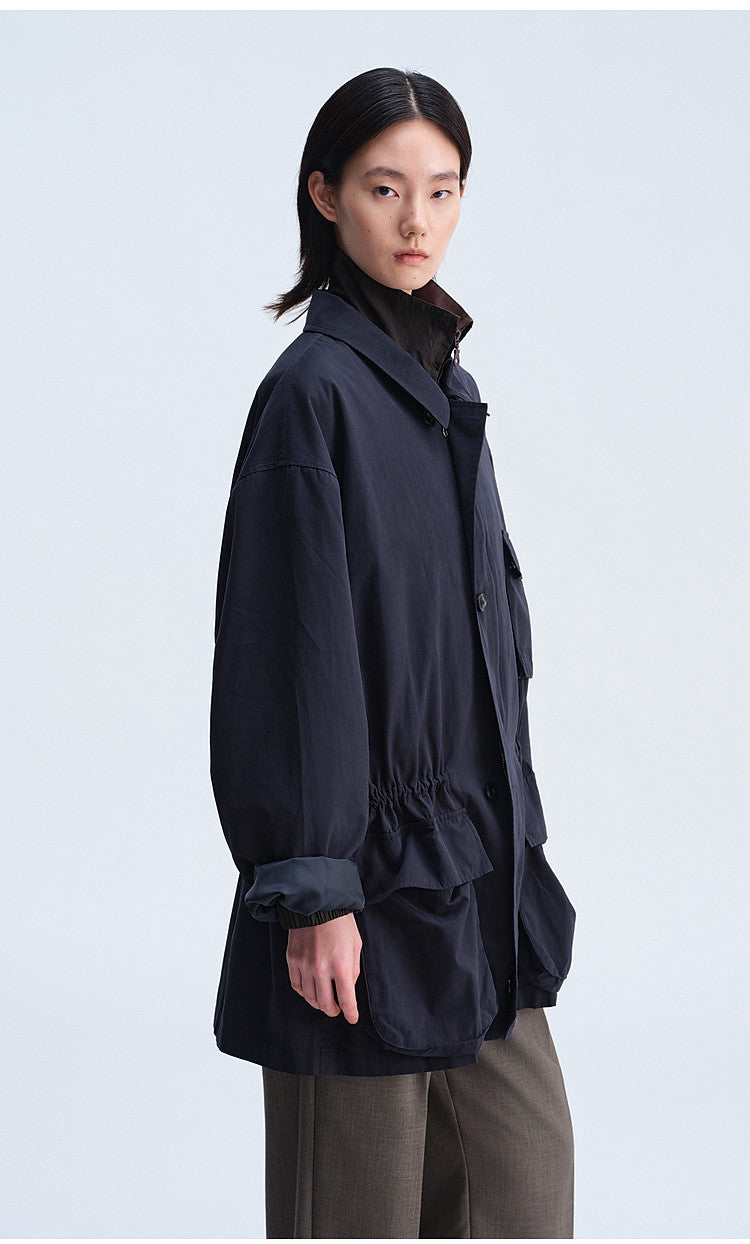 Work Jacket with Waist Drawstring and Relaxed Fit