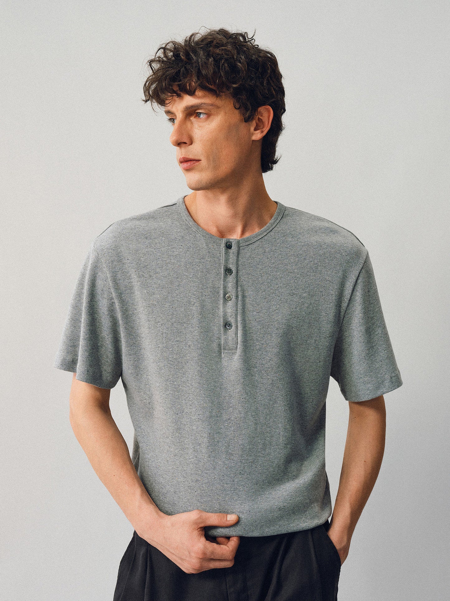 Henley-Collared Button-Down T-Shirt