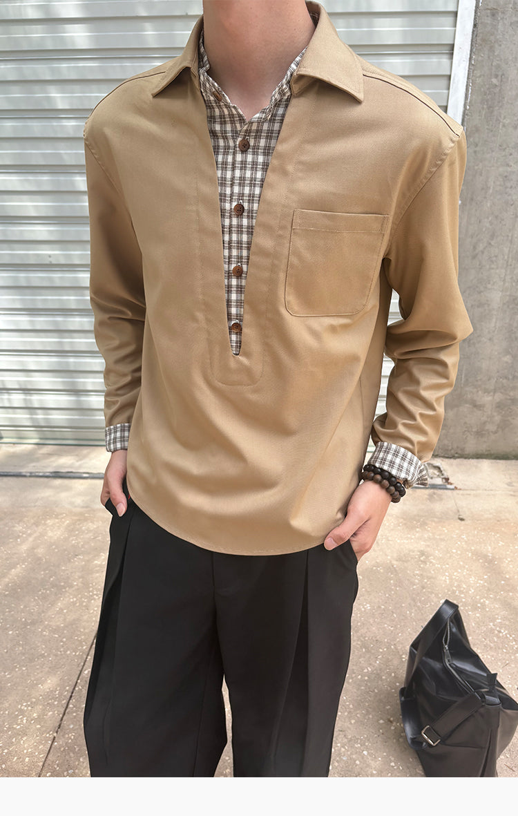 V-neck faux two-piece shirt