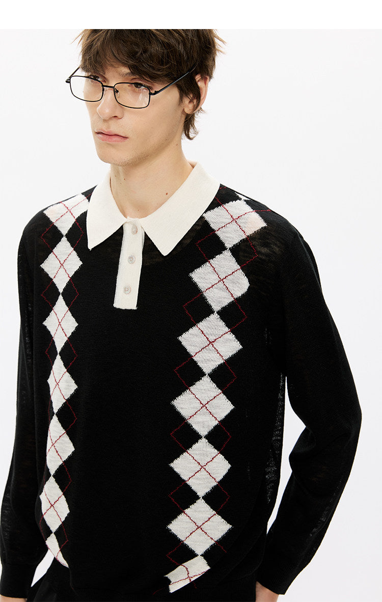 Diamond-pattern knit polo shirt