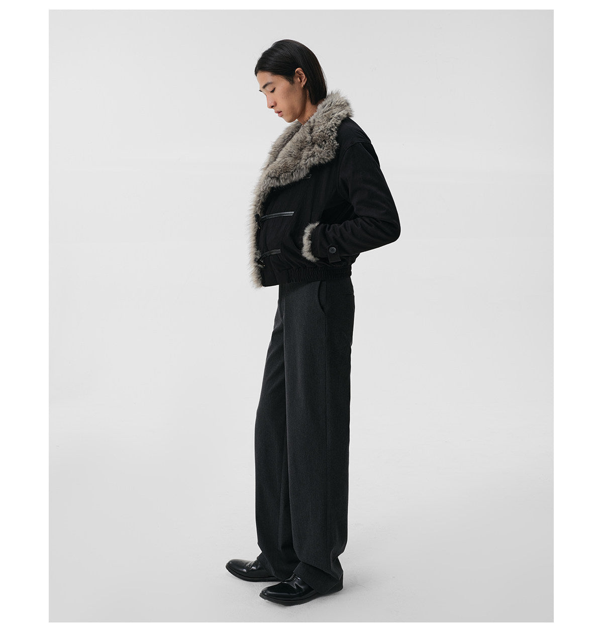 Leather-Laced Cow Horn Button Fur Jacket