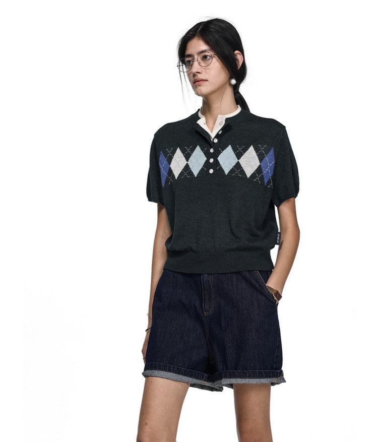 School Style Diamond Pattern Sweater