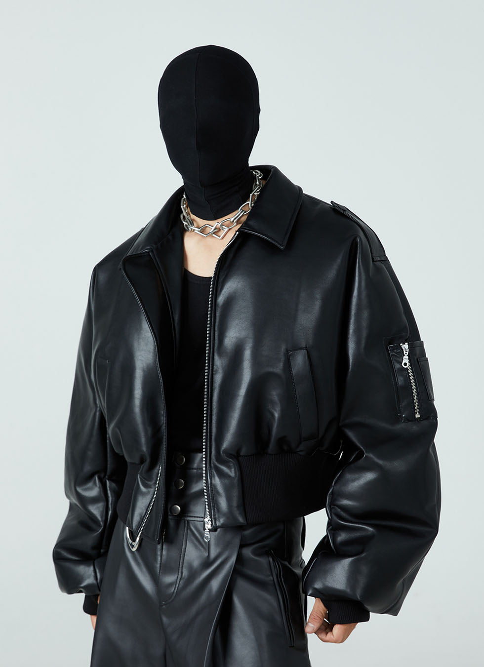 PU leather dark down jacket