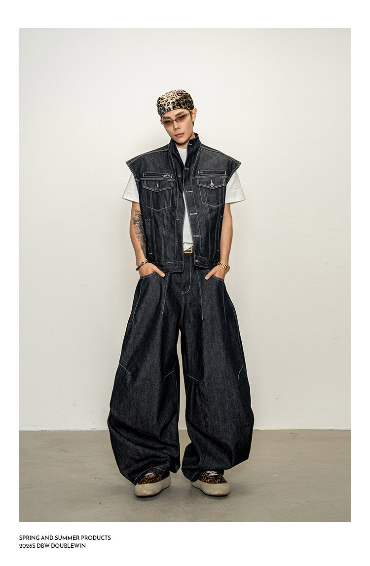 Lined Stand-Up Collar Denim Vest