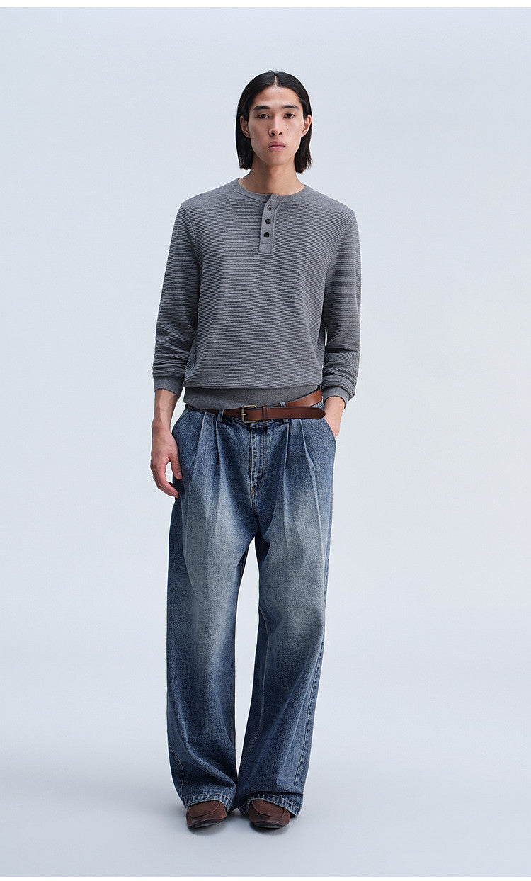 Henry-Collar Button-Down Shirt