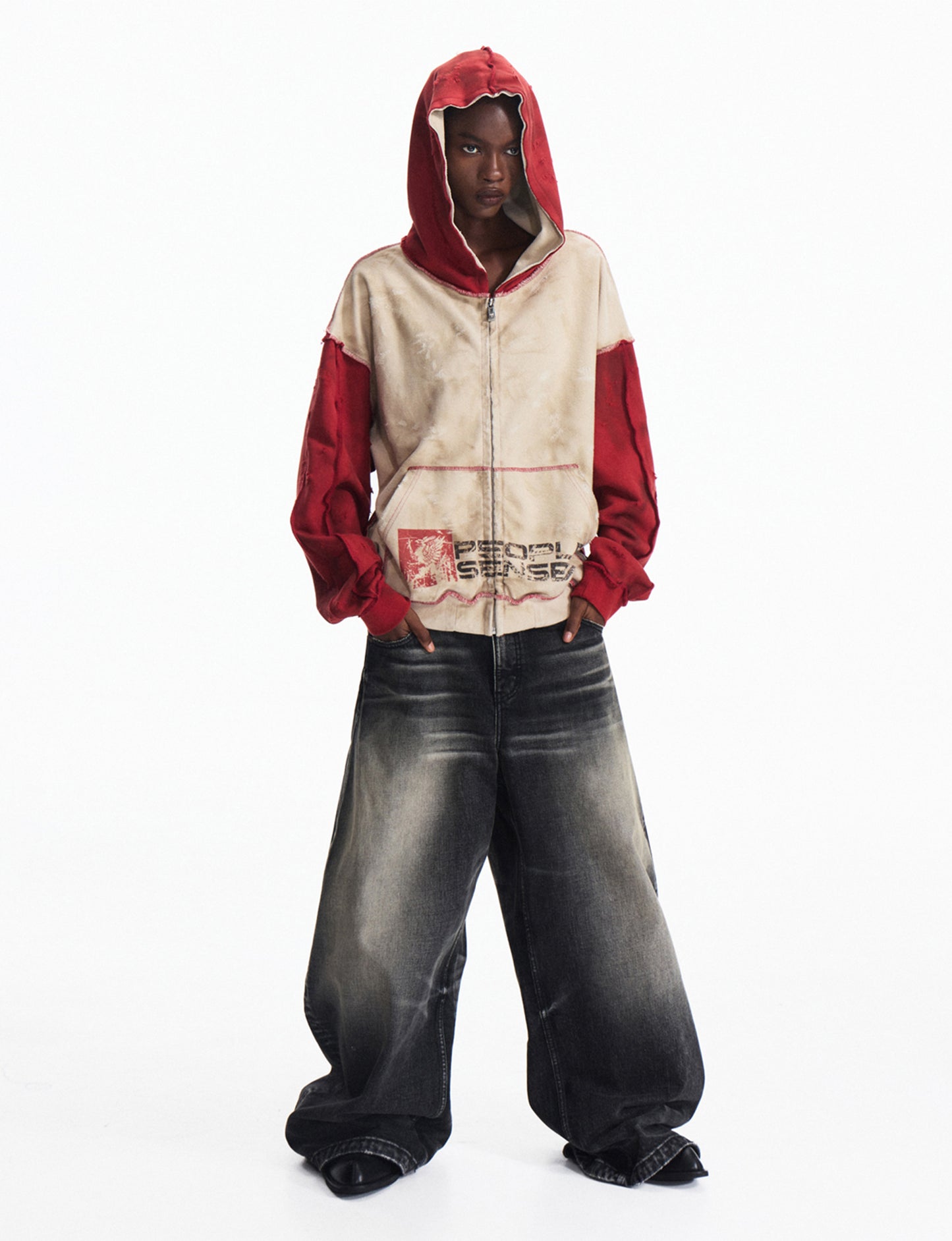 Distressed Hooded Zipper Sweatshirt