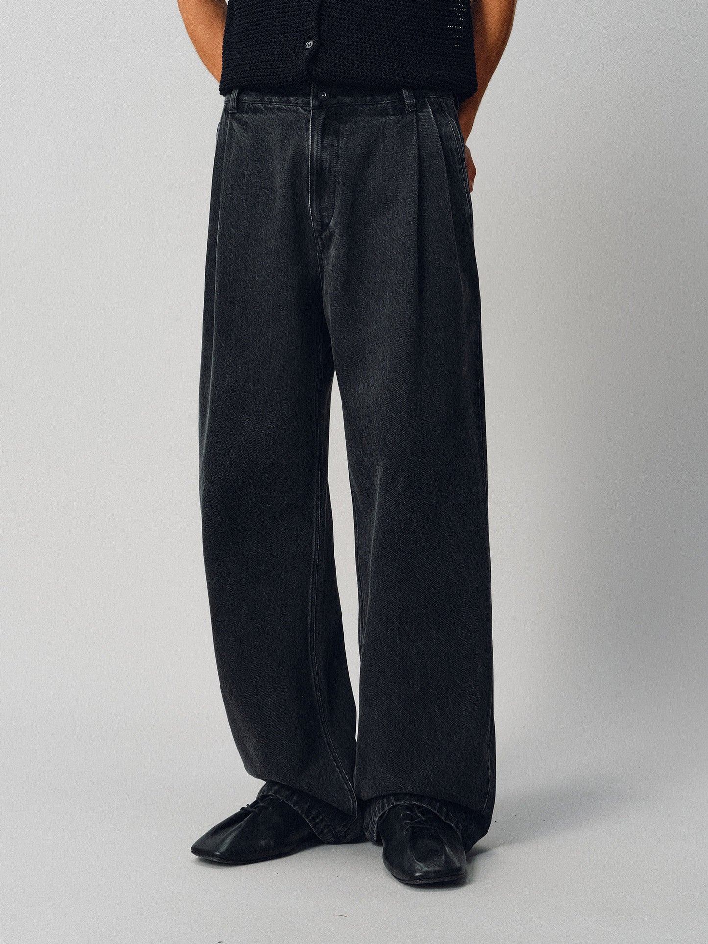 Double-Pleated Wide-Leg Denim Pants