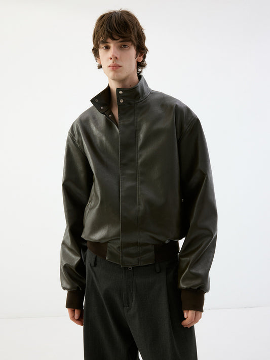 Unisex Stand-Up Collar Zip-Up Leather Jacket