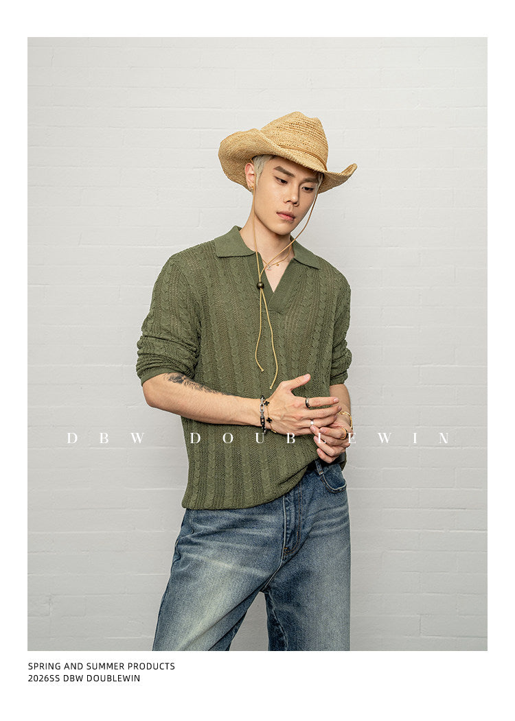 V-neck lapel knit sweater
