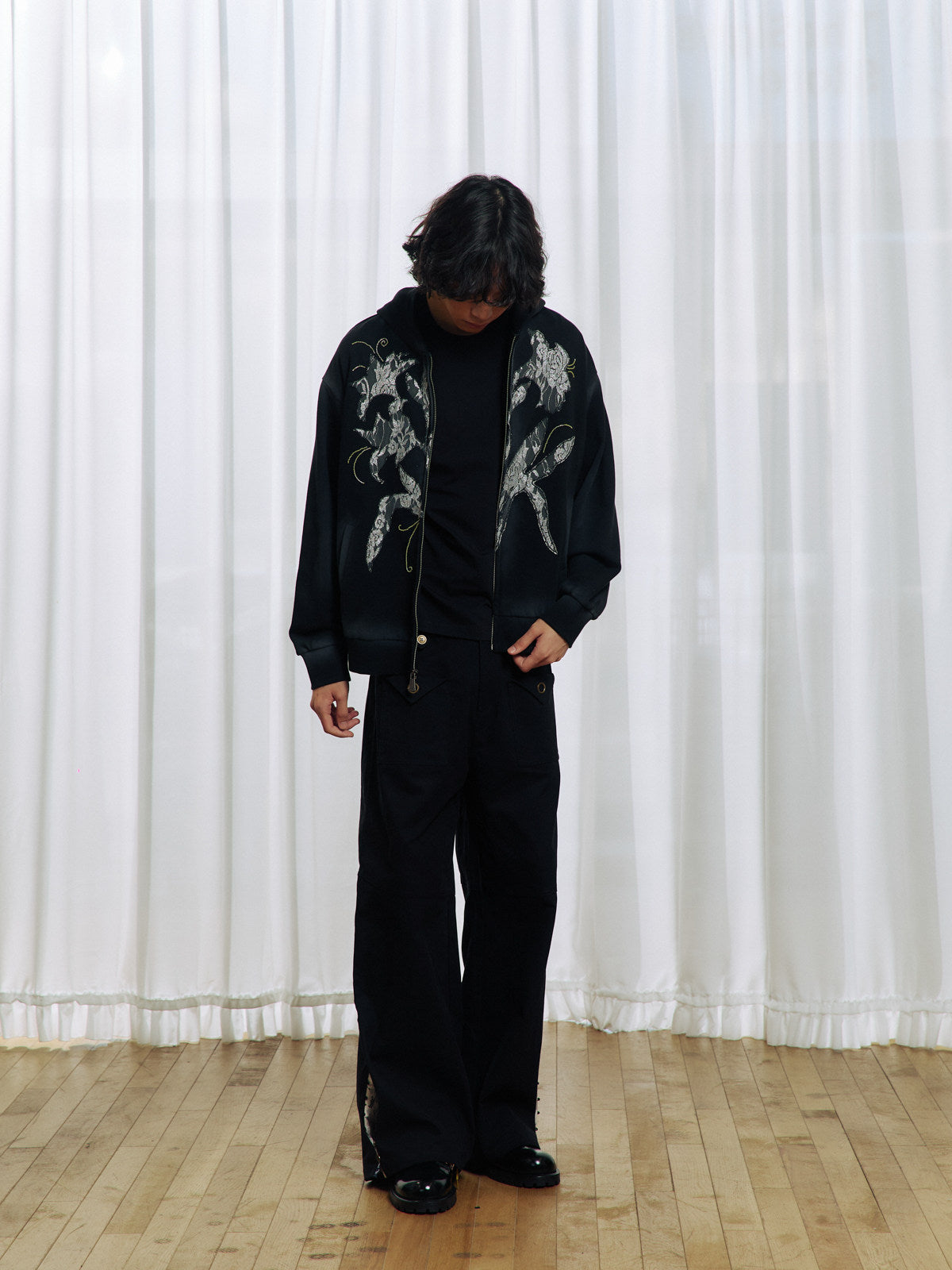 Lace-trimmed hooded sweatshirt