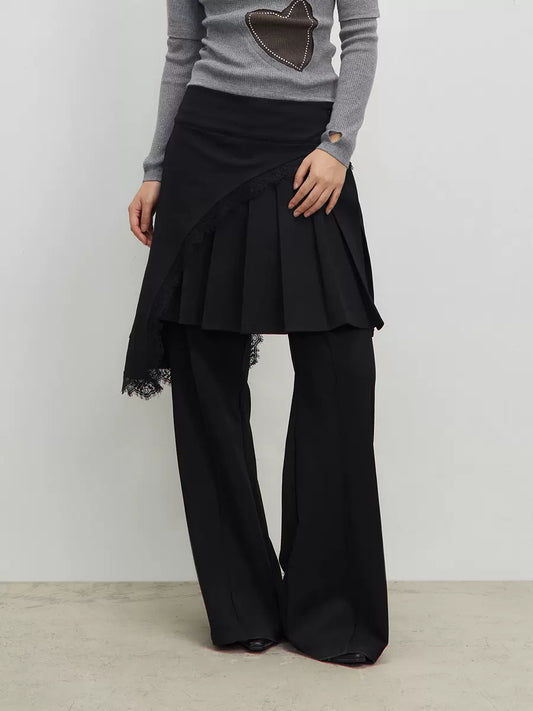Detachable pleated lace skirt Straight pants
