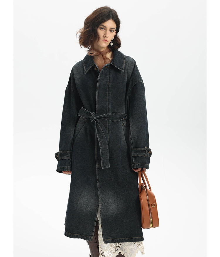 Washed Denim Long Trench Coat