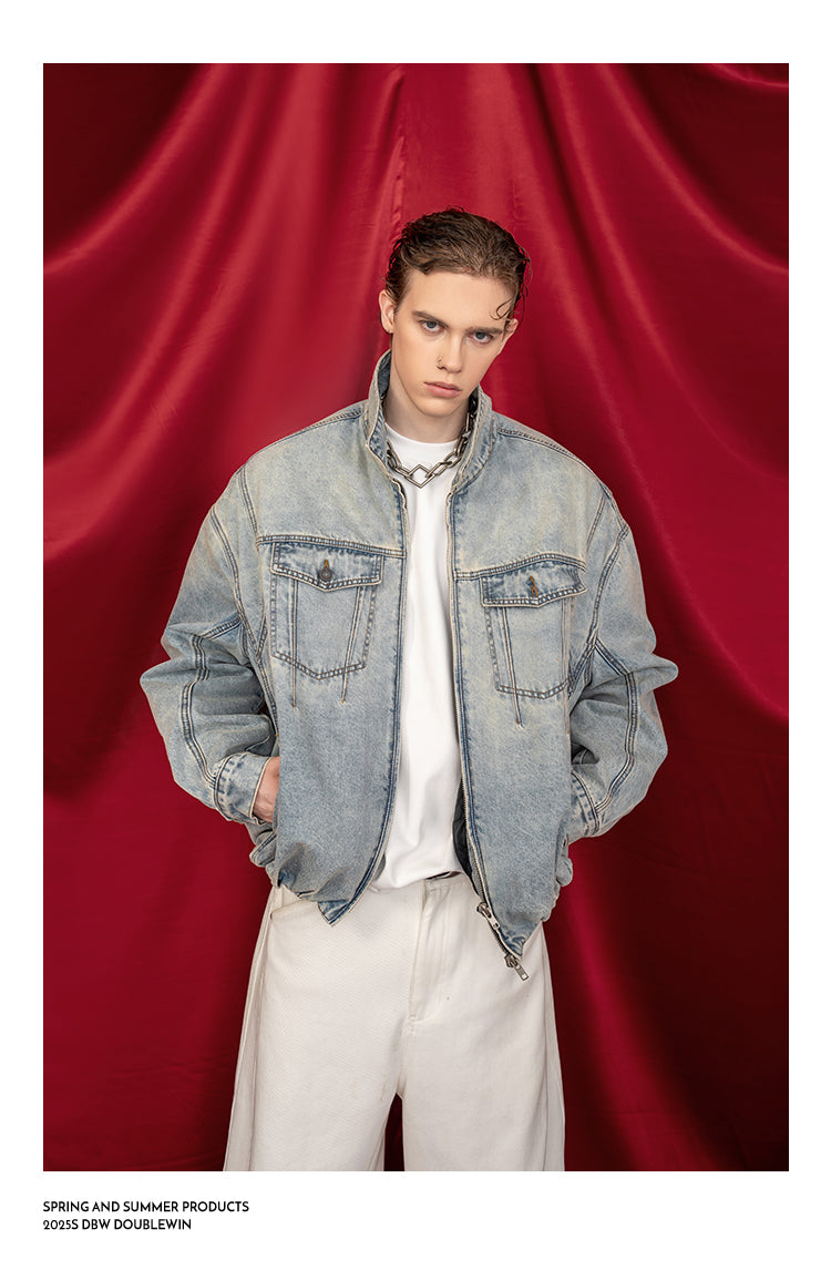 Wide-Shoulder Washed Denim Jacket