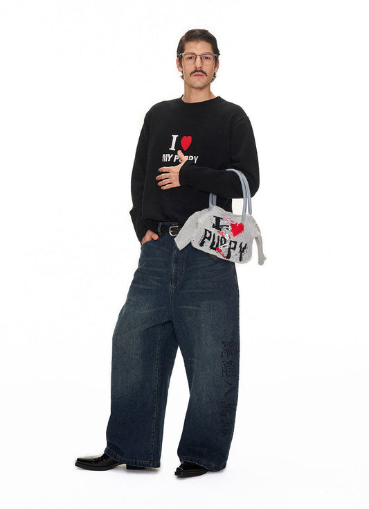 Letter Design Knit Bag