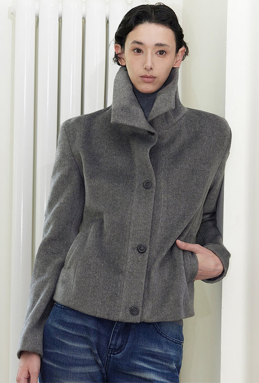 Simple stand collar retro wool coat