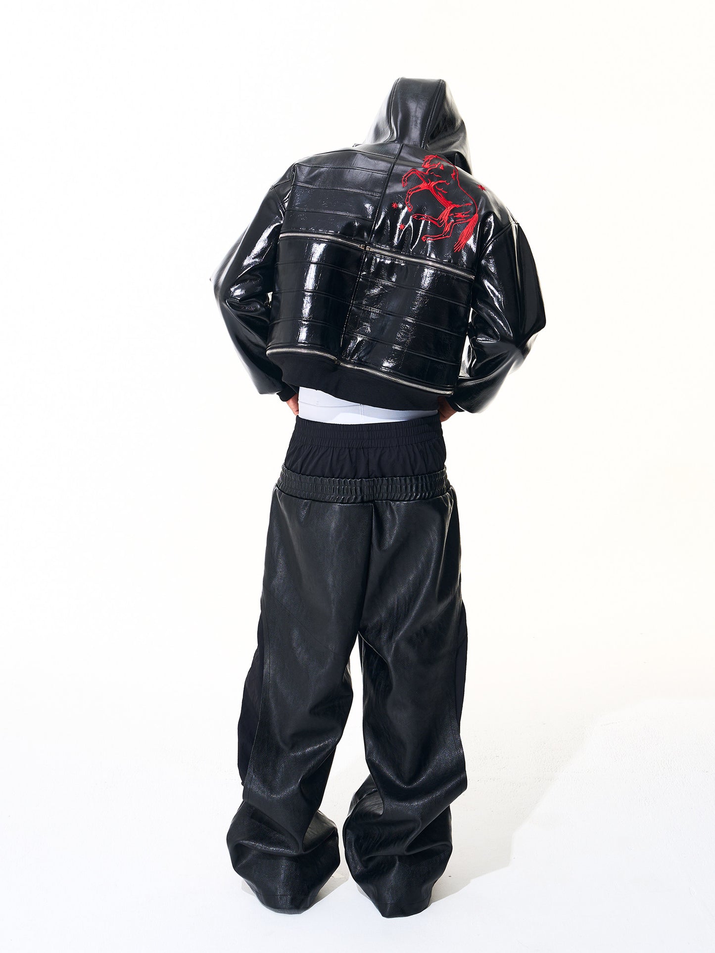 Striped Double-Waist Leather Pants