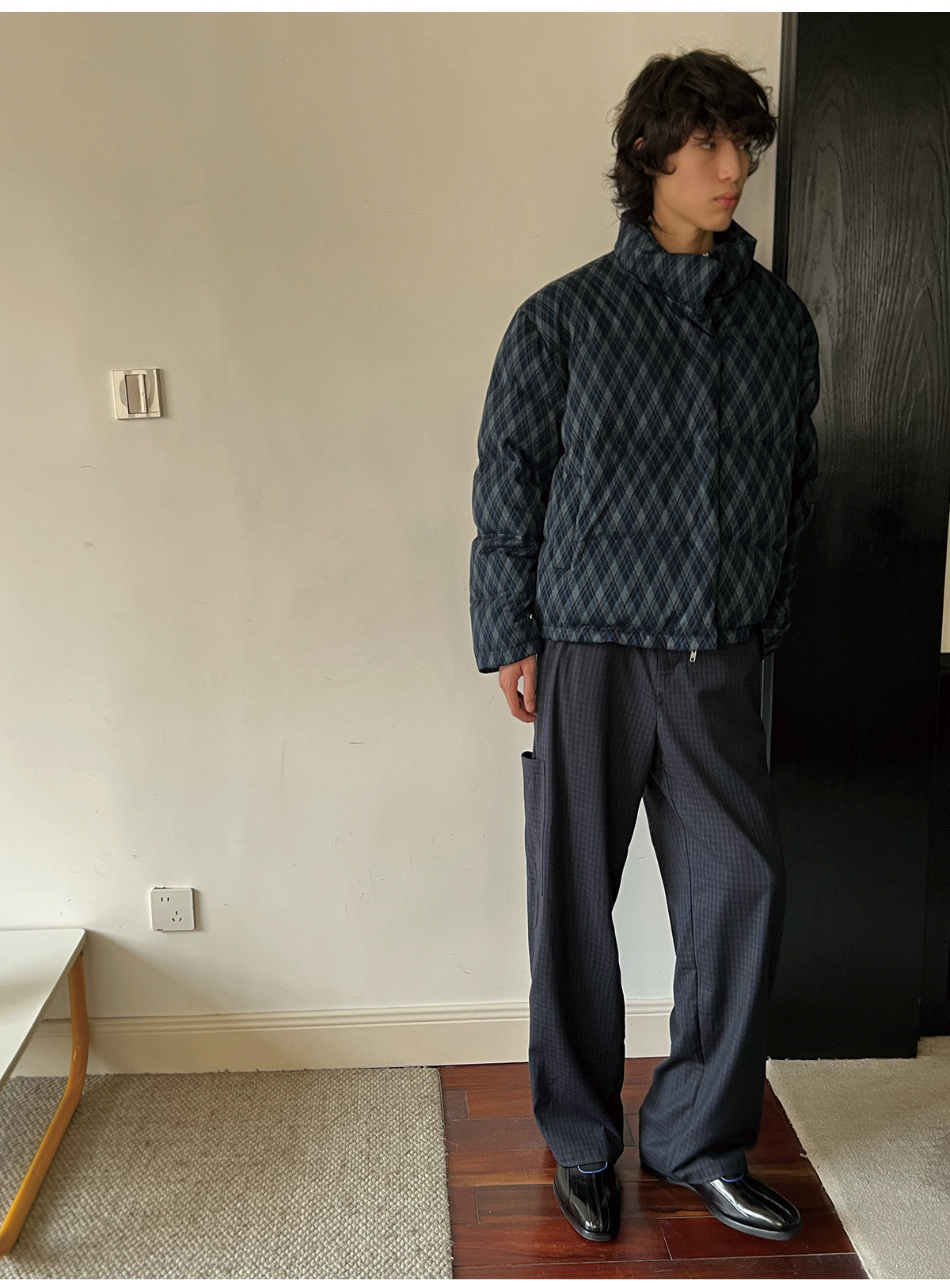 Diamond-Check Stand-Collar Down Jacket