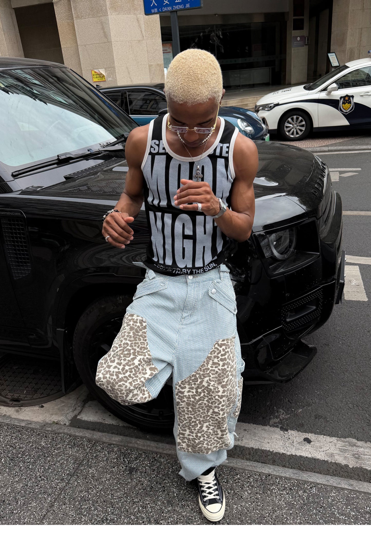 Leopard-Print Patchwork Denim Shorts