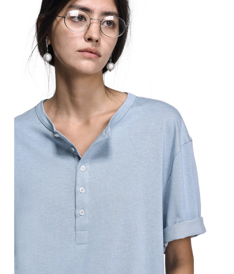 Letter-Embroidered Henley Collar T-Shirt