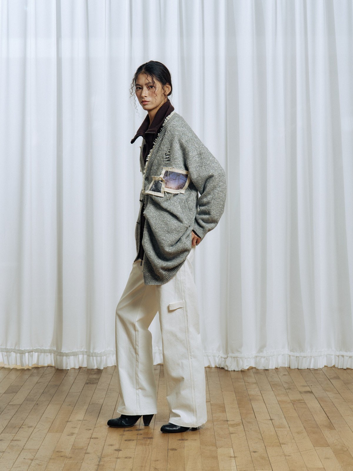 Pleated Design Blend Knit Cardigan