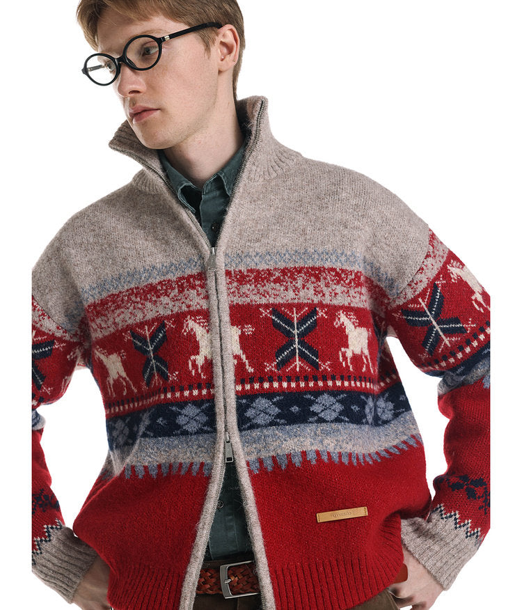 Wool-Blend Pony Jacquard Zip Cardigan