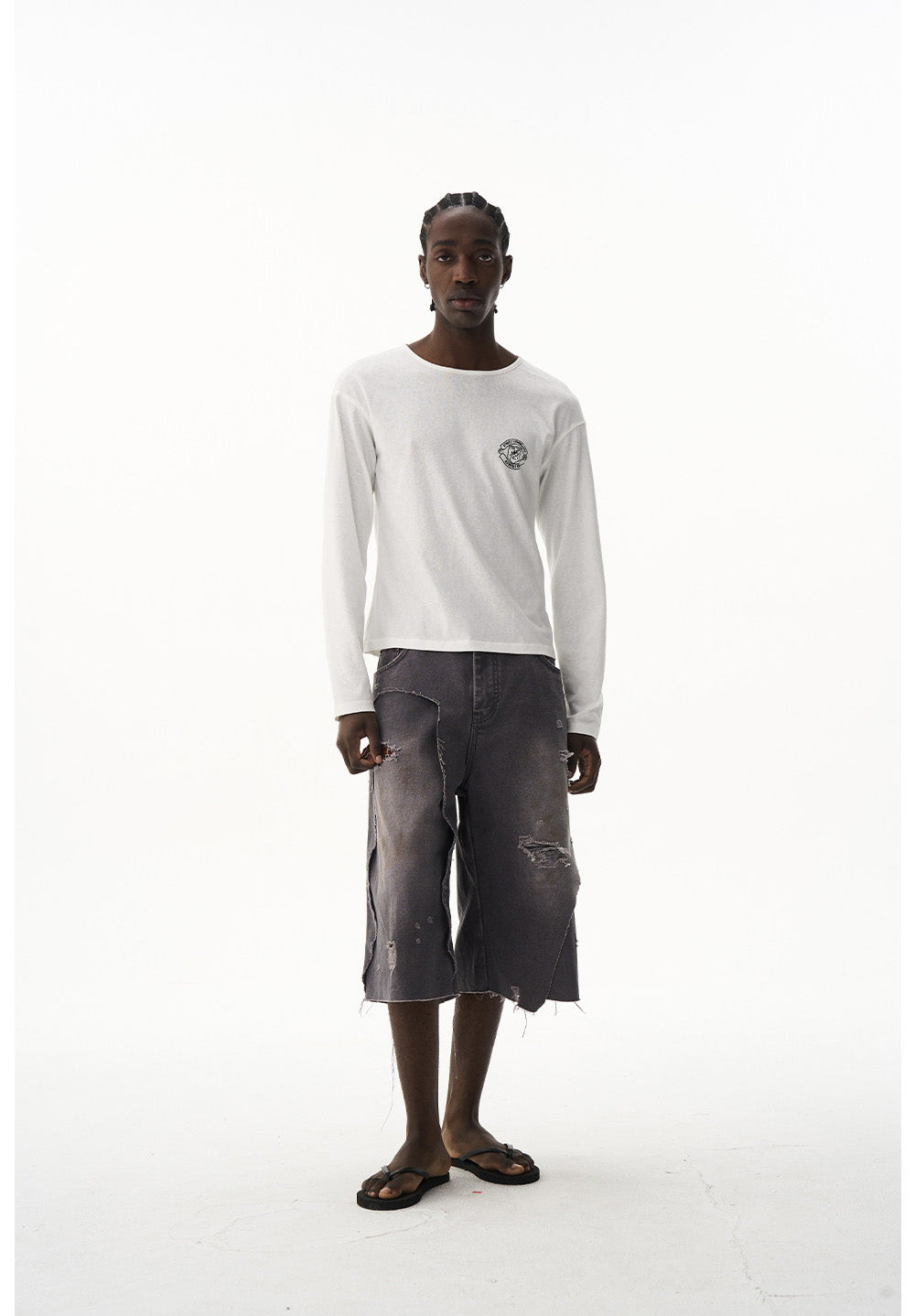 Damage-Washed Denim Shorts