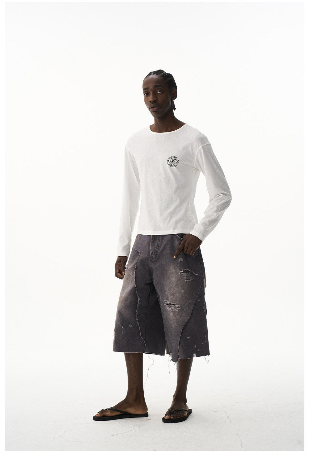 Damage-Washed Denim Shorts