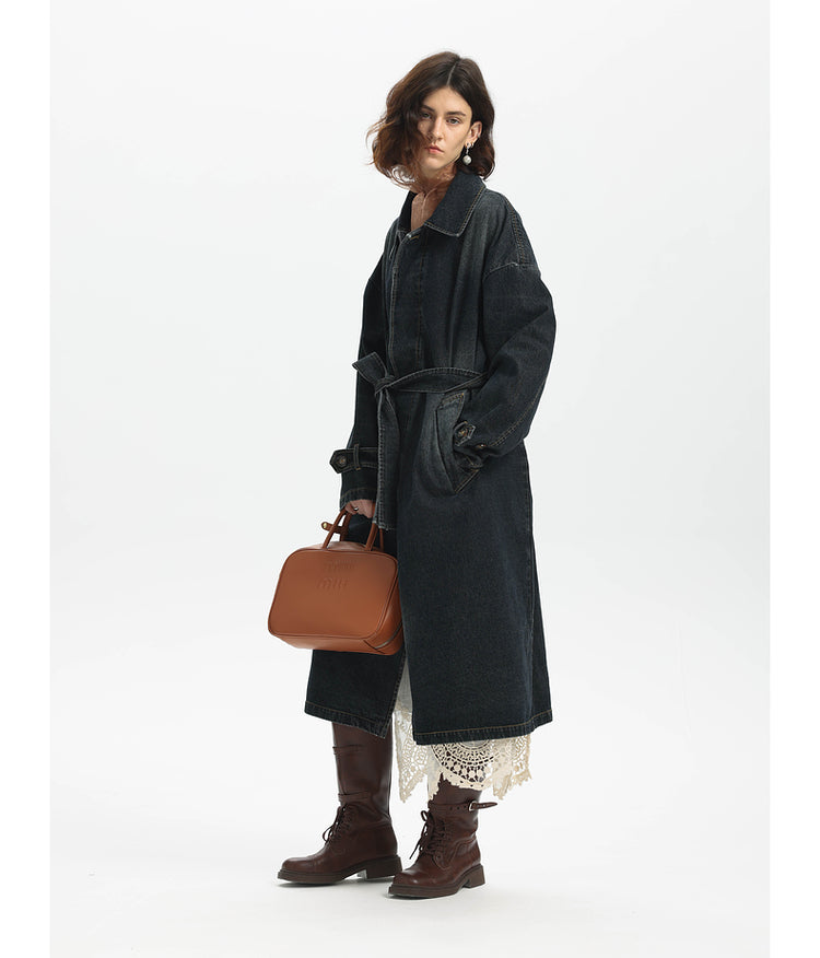 Washed Denim Long Trench Coat