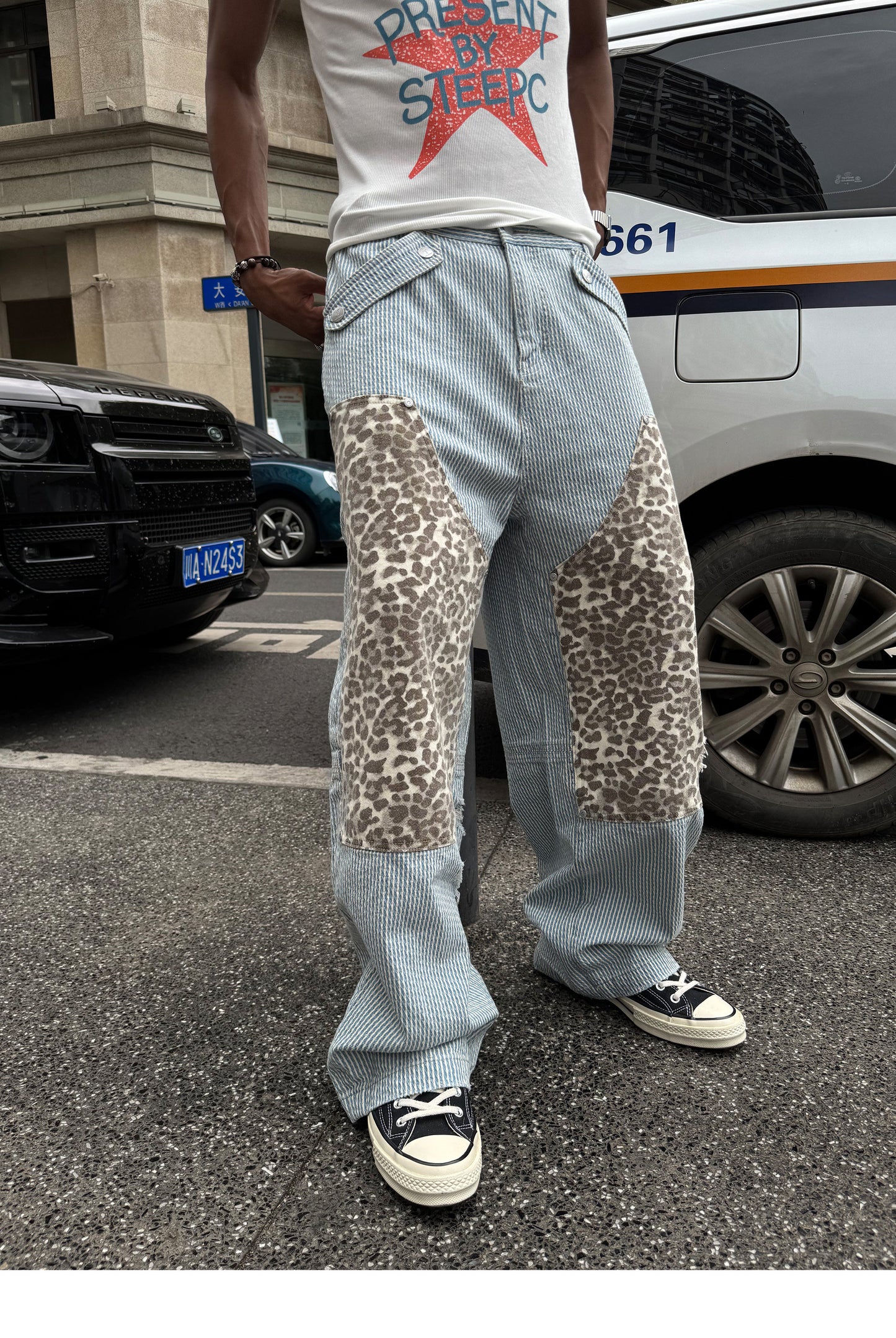 Leopard-Print Patchwork Denim Shorts