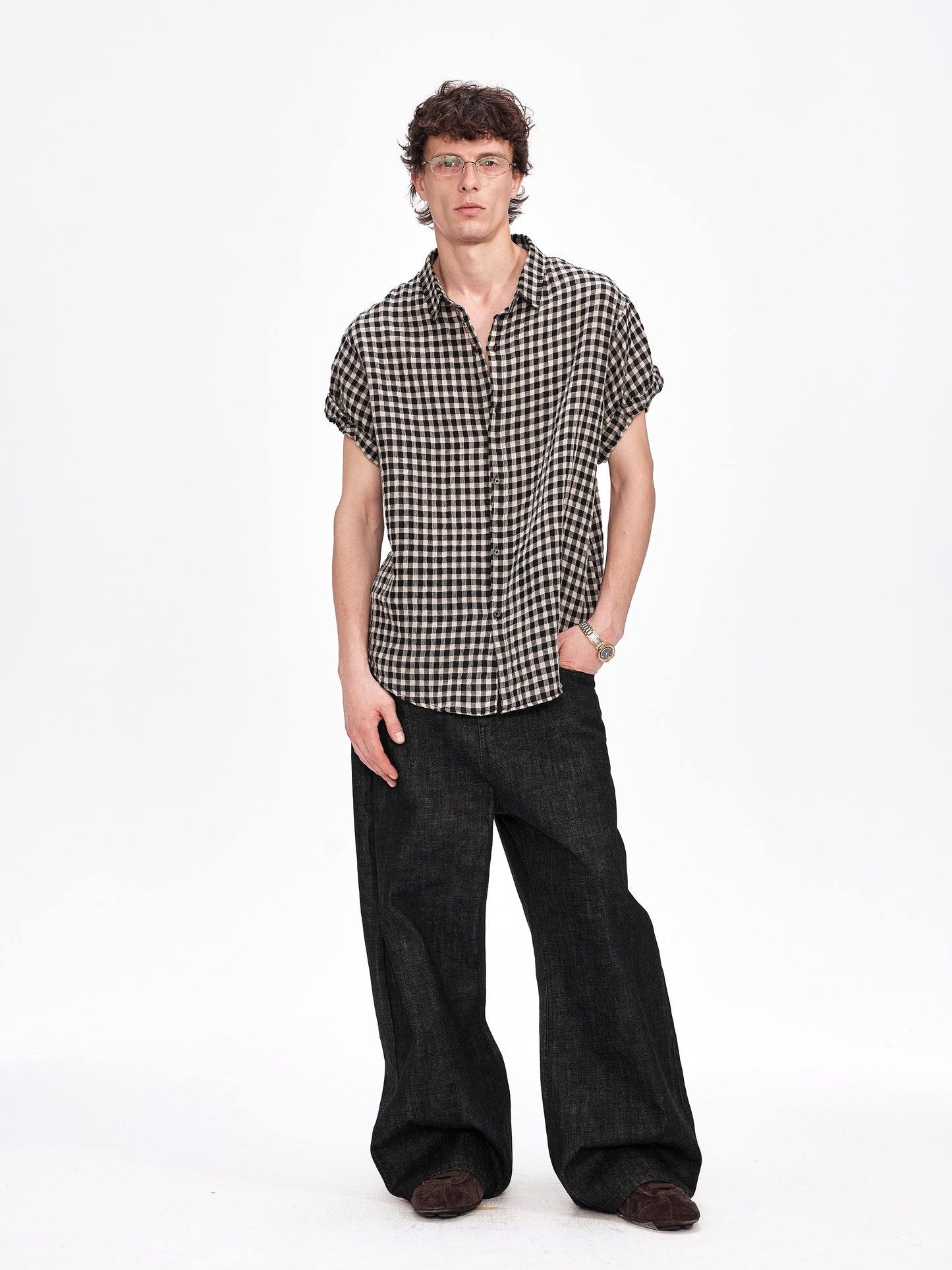 Rolled-Sleeve Checkered Linen Shirt