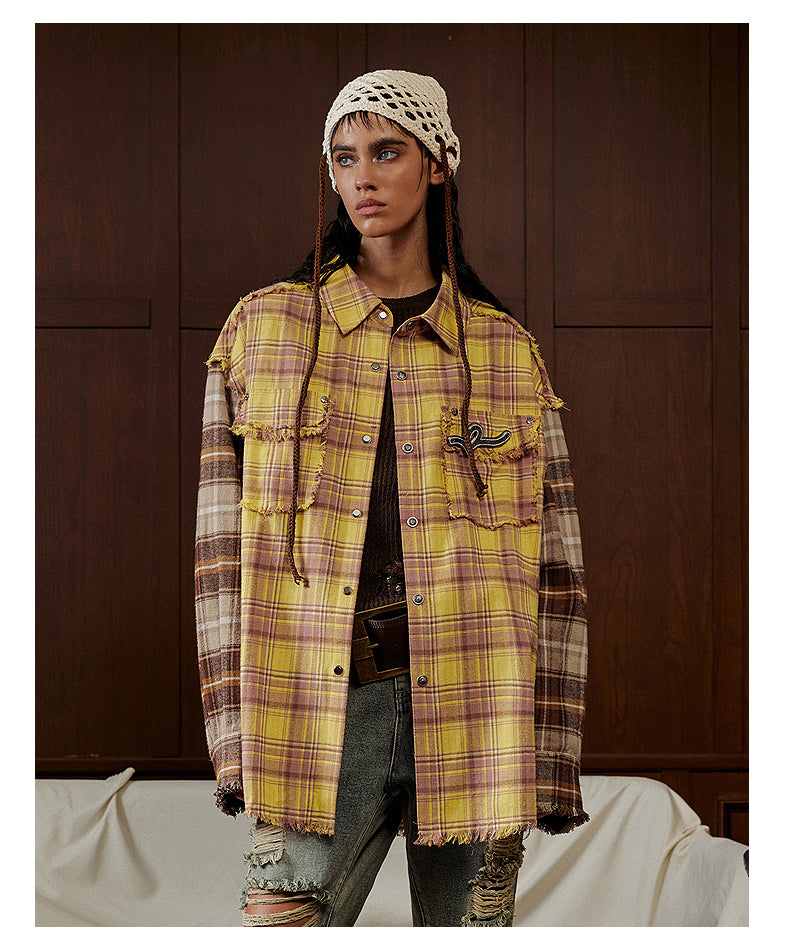 Raised raw edge split plaid shirt