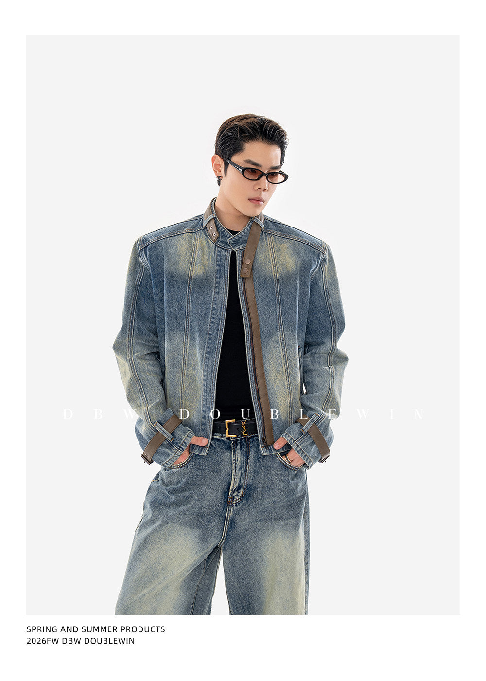 Vintage-Washed Padded-Shoulder Denim Jacket Set