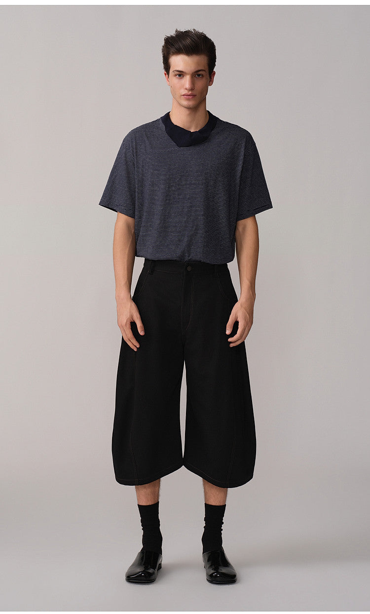 carf-Collar Striped T-Shirt