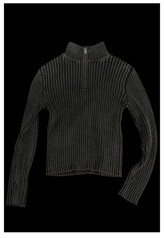 Damage-processed half-zip sweater