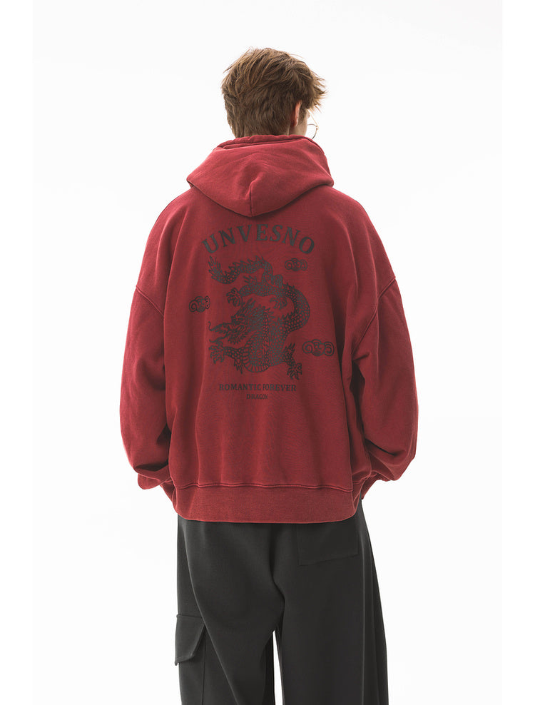 Dragon print velvet hooded sweatshirt