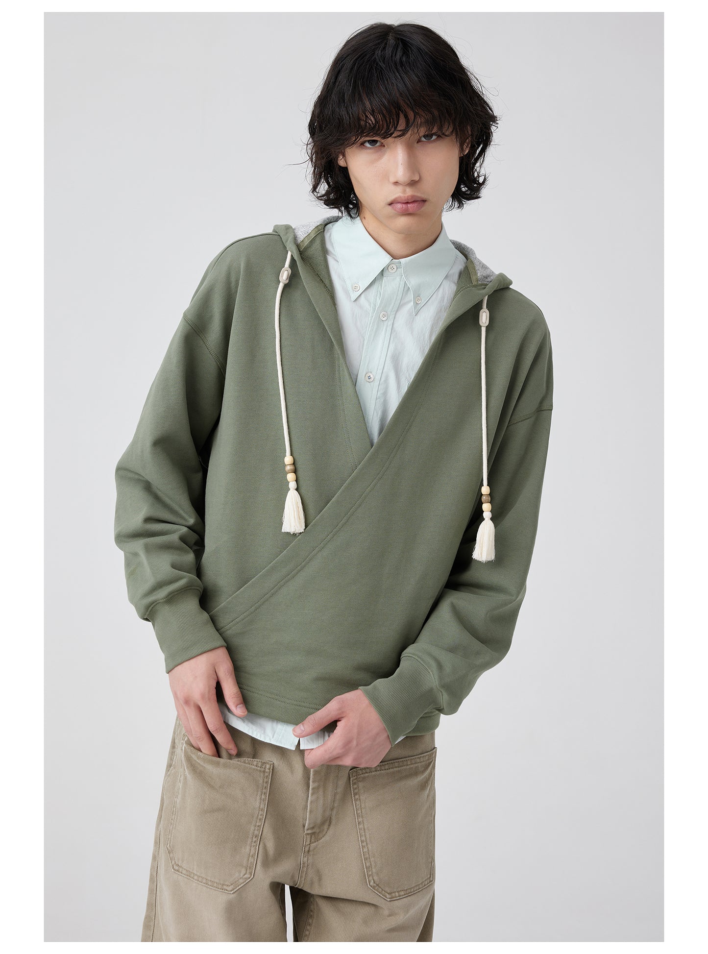 Overlap slant placket hooded sweatshirt