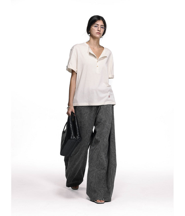 Letter-Embroidered Henley Collar T-Shirt