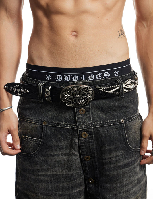 Vintage Studded Color-Block Leather Belt
